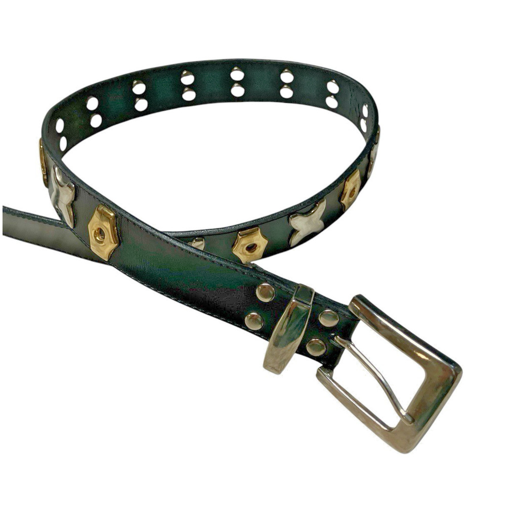 Women's Medium DONNA KATZ Vintage Black Leather Belt Gold & Silver Toned Concho